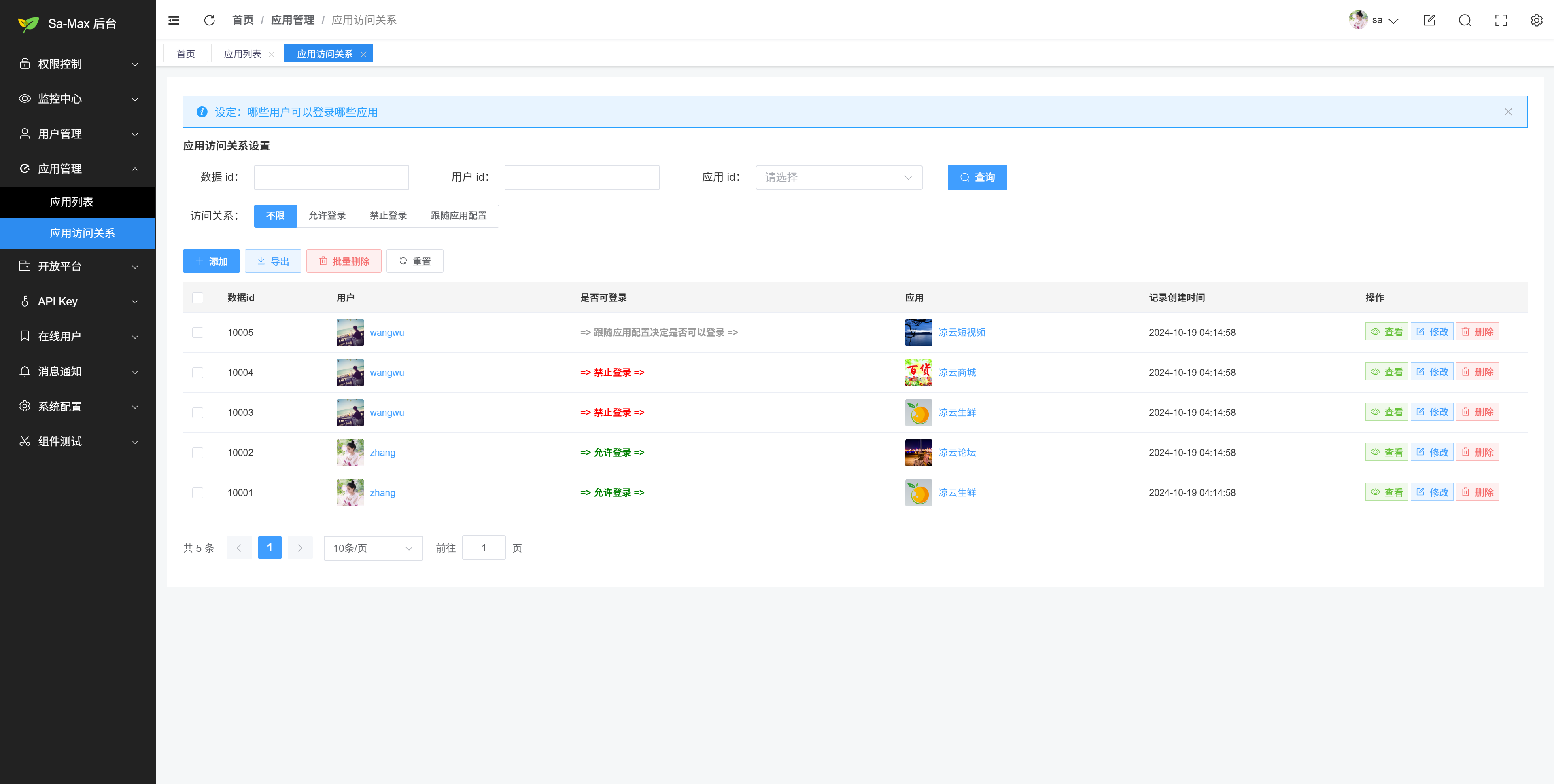 Sa-Max 应用访问关系设置界面